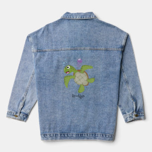 Veste En Jean Caricature joyeuse de tortue de mer verte mignonne
