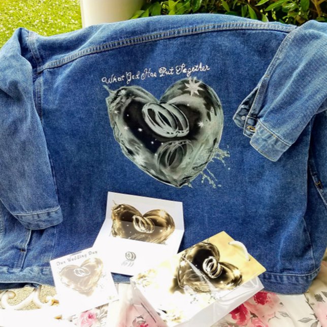 Veste En Jean "Ce que Dieu a mis ensemble" Mariage Denim Jacket (Lovely  bridal demin jacket  with  two wedding bands inside a crystal heart.)