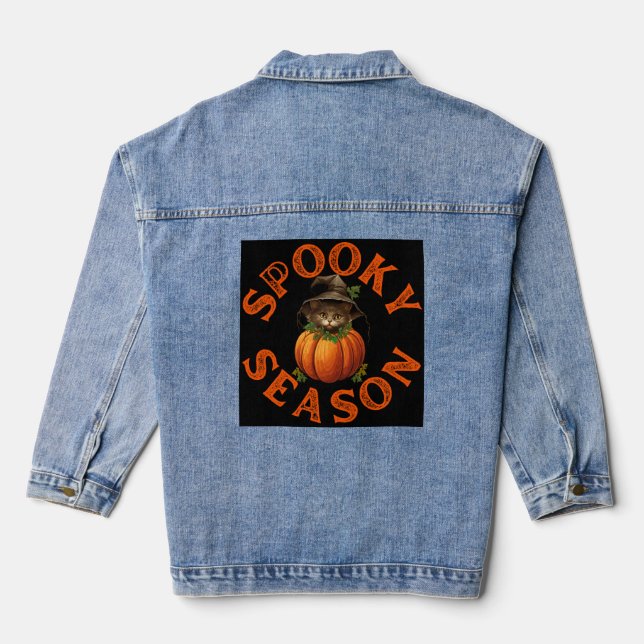 Veste En Jean Chat de citrouille de la saison effrayante (Verso)