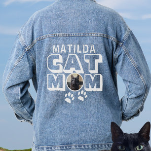 Veste En Jean Chat Maman Empreinte de patte Nom Animal Photo Fem