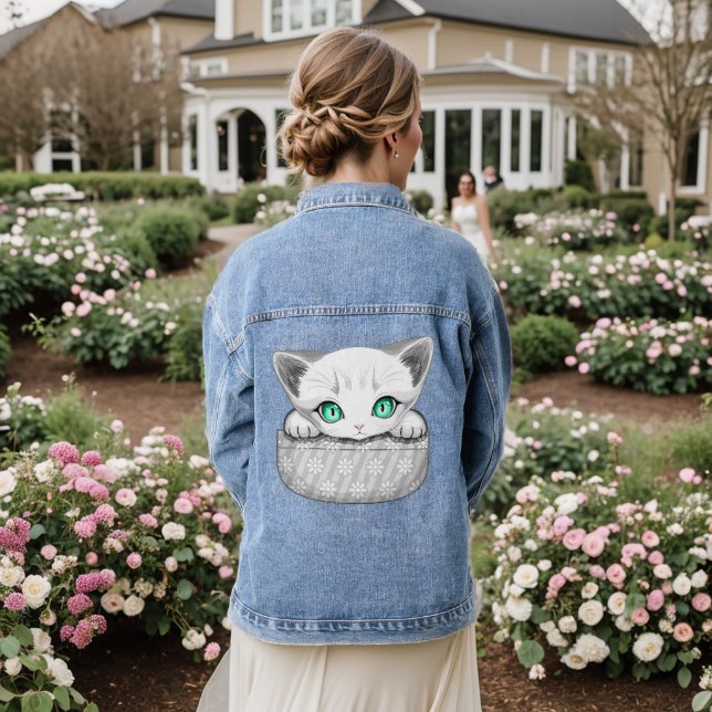 Veste En Jean Chat mignon et joueur sortant d'une poche (Mariage Retour)