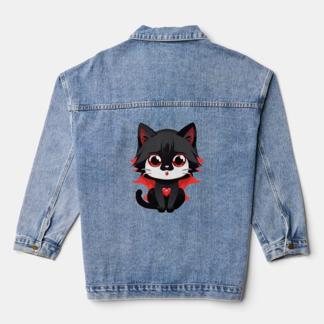Veste En Jean Chat noir de couleur rouge (Verso)
