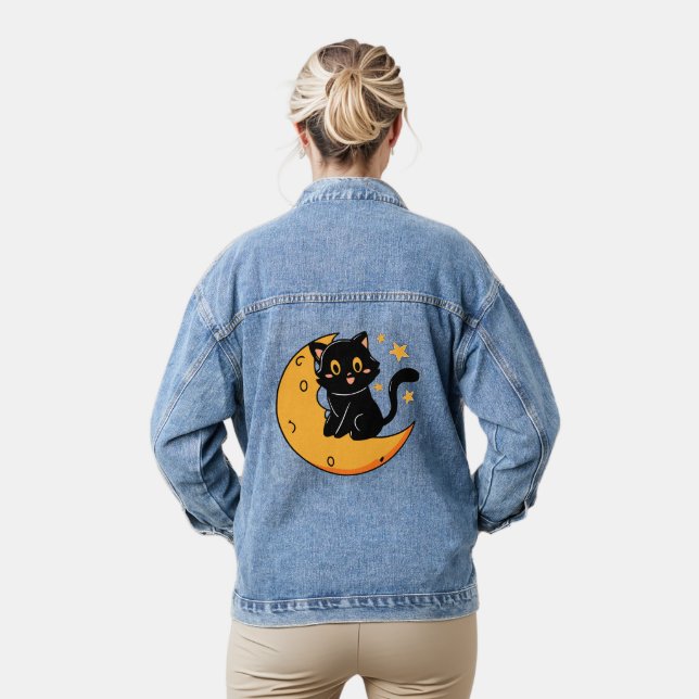 Veste En Jean Chat noir mignon assis sur la lune (Modèle)