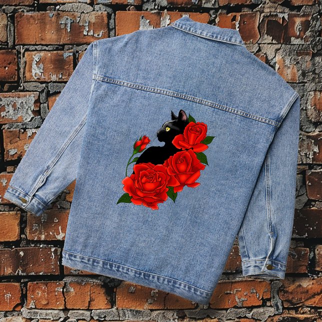 Veste En Jean Chat noir Roses rouges pourpres (Créateur téléchargé)