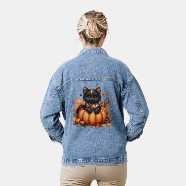 Veste En Jean Chat noir sur Citrouille avec Motif de courtepoint (Modèle)