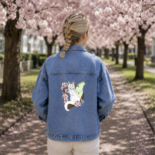 Veste En Jean Chat vert lune papillon de nuit blanc