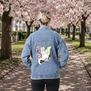 Veste En Jean Chat vert lune papillon de nuit blanc