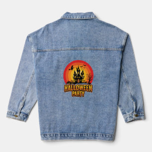 Veste En Jean Château Hanté Soirée Halloween Vecteur Rétro