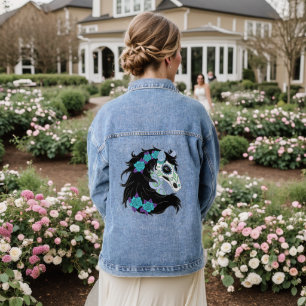 Veste En Jean Cheval Crâne Sucre Avec Roses Turquoise