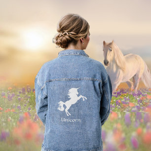 Veste En Jean Cheval Licorne Blanc et Typographie