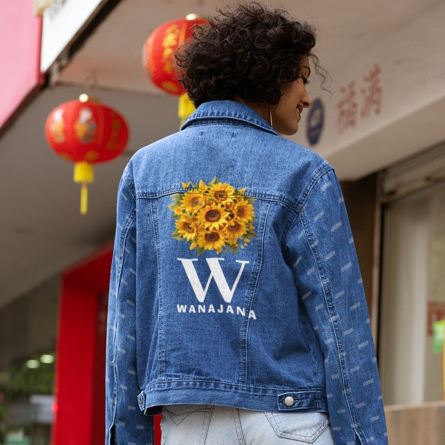 Veste En Jean Chic tournesol blanc Monogramme femmes sur mesure (Créateur téléchargé)