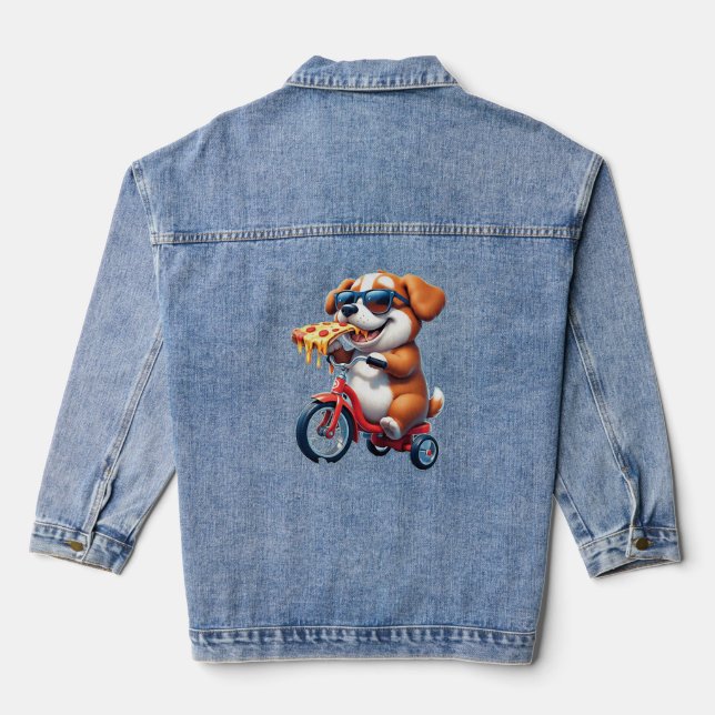 Veste En Jean chiot à vélo mangeant de la pizza (Verso)