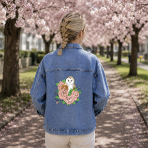 Veste En Jean Chouette effigie bleue élégante aux fleurs roses