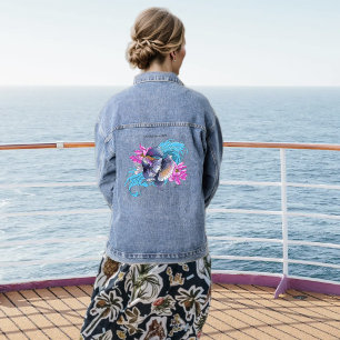 Veste En Jean Combattant du Siam Vagues de Lotus Bleu
