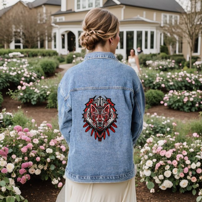Veste En Jean Conception de totem tribal Haida Loup (Mariage Retour)
