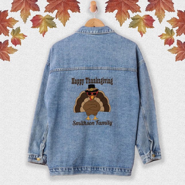Veste En Jean Cool Turquie Bon thanksgiving Nom de famille Texte (Fun Turkey Happy Thanksgiving Family name Denim Jacket with custom text for cool ladies. )