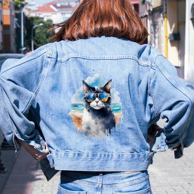 Veste En Jean Cool Watercolor Summer Cat (Créateur téléchargé)