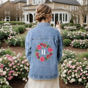 Veste En Jean Couronne de fleurs aquarelle rouge et rose Monogra