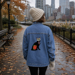 Veste En Jean Crâne de Sucre Chat Noir Rose Turquoise Cœur