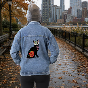 Veste En Jean Crâne de Sucre Chat Noir Rose Turquoise Cœur