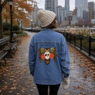 Veste En Jean Crâne de sucre vibrant Chouette Roses Rouges