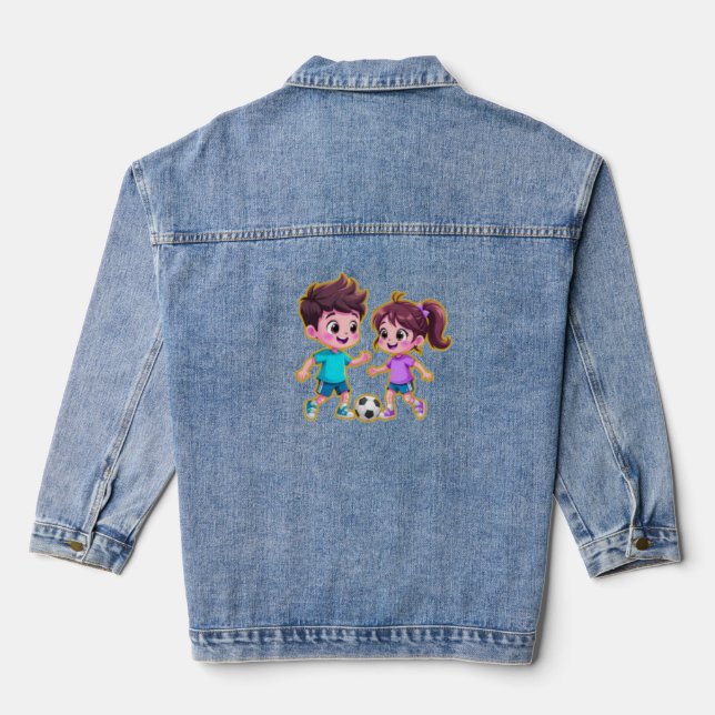 Veste En Jean Cute Cartoon Boy and Girl Playing Soccer Together  (Verso)