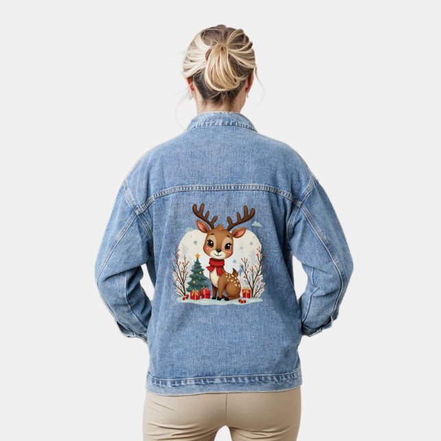 Veste En Jean Cute Christmas Reindeer Scene Snowy Forest (Modèle)