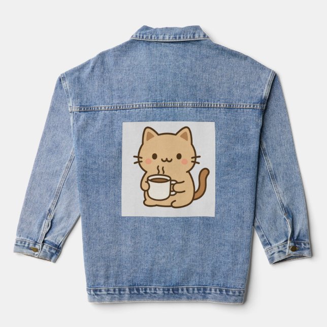 Veste En Jean Cute Coffee Cat Kawaii Cozy Aesthetic Design (Verso)
