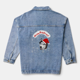 Veste En Jean Cute Husky dans le Casquette rouge du Père Noël