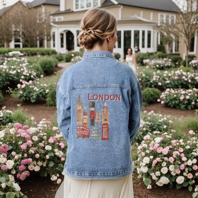 Veste En Jean Cute London City British Guard, Big Ben & Red Bus (Mariage Retour)