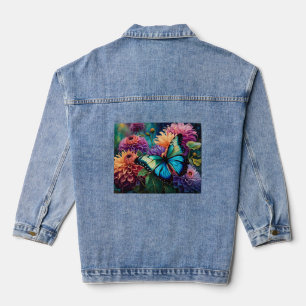 Veste En Jean Dahlias Et Papillon Vert Bleu Iridescente