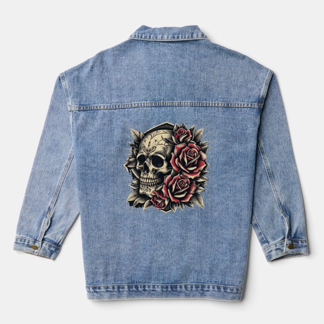 Veste En Jean Denim, Jean Jacket - Crâne et Rose (Verso)