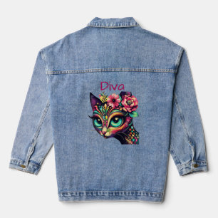 Veste En Jean Diva Whimsical Big Eye Cat Kitty Floral