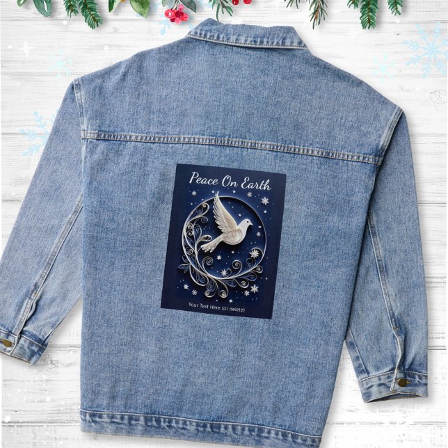 Veste En Jean Dove de la paix Elégant Faux Papercraft Night Sky (A festive denim jacket with Dove of Peace design on the back, 'Peace On Earth' words and custom text)