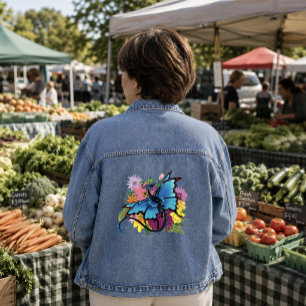 Veste En Jean Dragon bleu papillon ailes fleurs colorées