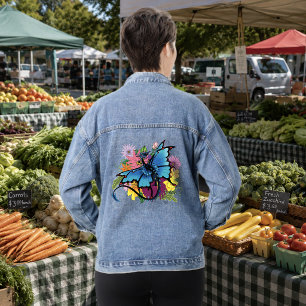 Veste En Jean Dragon bleu papillon ailes fleurs colorées