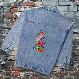 Veste En Jean Dragon Chinois Vert Gras Tatouage Lotus Sarcelle
