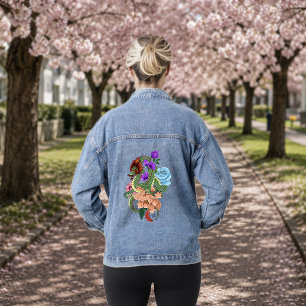 Veste En Jean Dragon Chinois Vert Mystique Floral Bleu Marine
