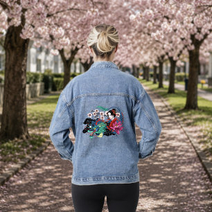 Veste En Jean Dragon Géisha Asiatique Cerisiers en Fleur Bleu