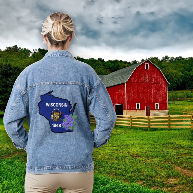 Veste En Jean Drapeau d'état du Wisconsin et fleur bleu commun V (Créateur téléchargé)
