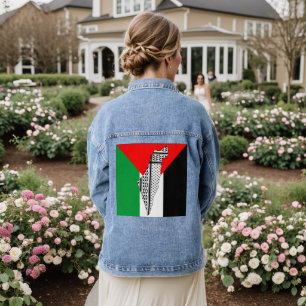 Veste En Jean Drapeau palestinien et carte avec Motif Keffiyeg