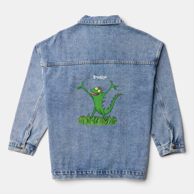 Veste En Jean Drôle vert souriant animé lézard d'iguane (Verso)