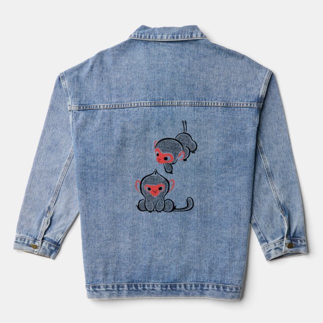 Veste En Jean Duo de singes asiatiques : assis et en train de gr (Verso)