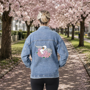 Veste En Jean Élégant Cygne Romantique Bleu Pivoine Floral