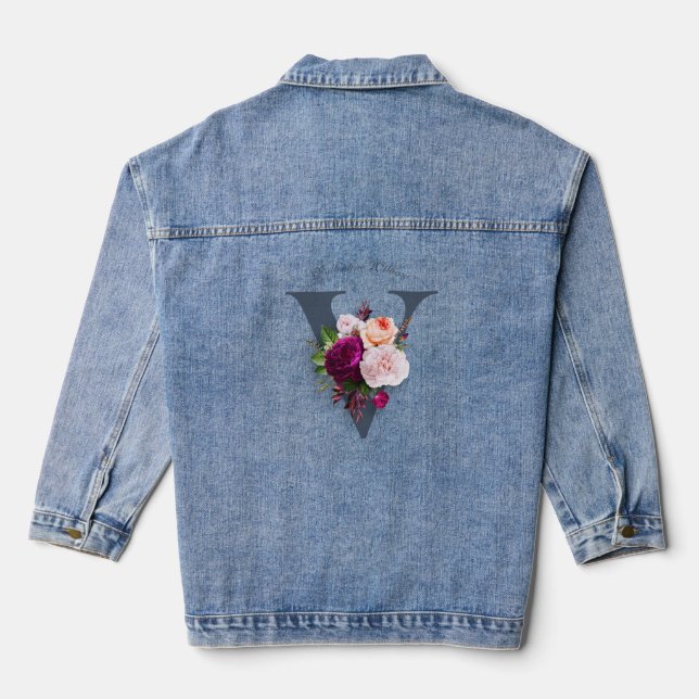 Veste En Jean Élégant Monogramme Floral Rose Bleu Initial Modern (Verso)