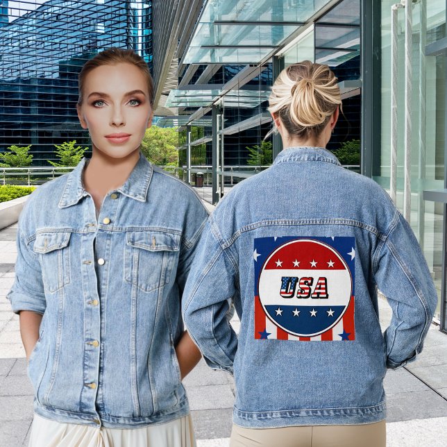 Veste En Jean États-Unis Drapeau Stars Cercle Rouge Blanc Bleu F (USA Flag Stars Circle Red White Blue Women's Denim Jacket)