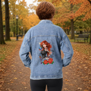 Veste En Jean Femme rousse tatouée manches violet