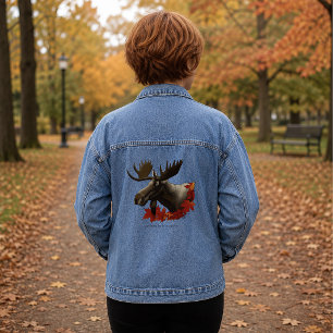 Veste En Jean Feuilles de Érable Rouge avec un Orignal