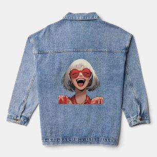 Veste En Jean Fille d'anime joyeuse : Cheveux gris, Lunettes rou