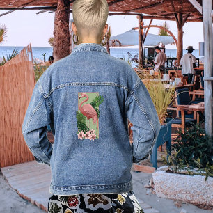 Veste En Jean Flamant Rose Tropical Feuilles de Palmier Vert Lys